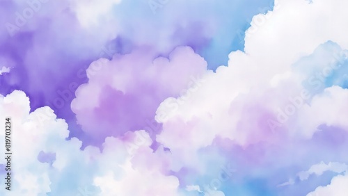 White blue and purple watercolor background abstract puffy clouds in bright colors