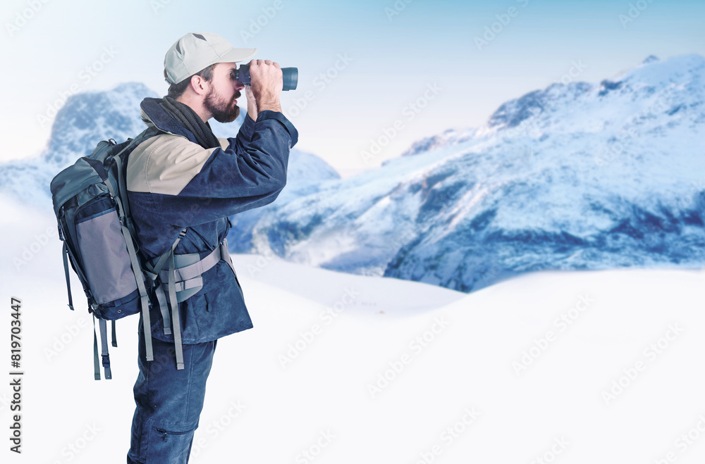 Man, search and binoculars in mountain snow, outdoor and travel in winter for sightseeing in ice. Male person, watch and trekking journey in nature for challenge, adventure and gear for discovery