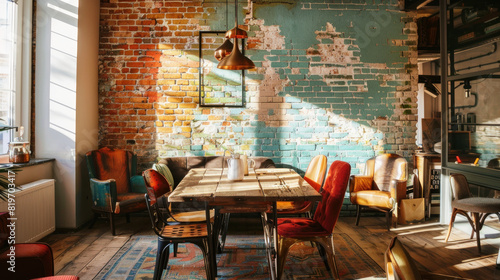 Cozy Italian Caf   Dining Room with Wooden Furniture and Soft Lighting