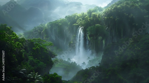 A powerful waterfall thundering down into a misty gorge, surrounded by dense vegetation.