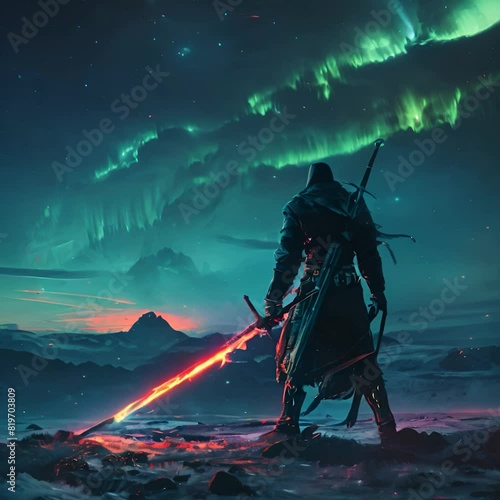 A brave knight stands before a beautiful aurora borealis. He is about to plunge his flaming sword into the ground, ready to fight an epic battle. photo