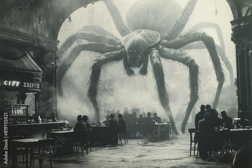 vintage horror black and white photo of an enormous spider standing in the middle of town hall, people sitting unimpressed at tables, photorealistic // ai-generated  photo