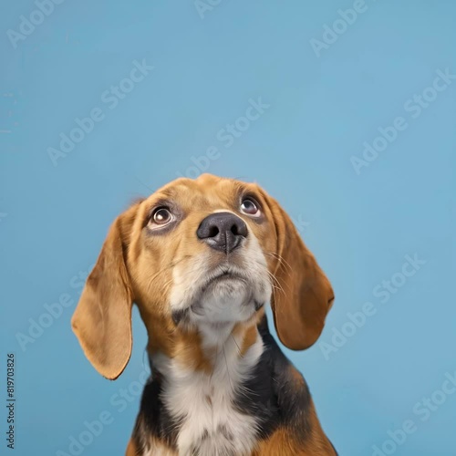 A beagle looking up with a hopeful expression on its face photo