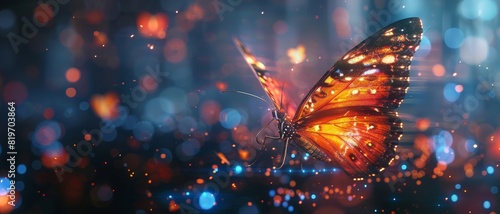 A mesmerizing close-up of a glowing butterfly with vibrant orange wings amidst a dreamy, bokeh-filled background, exuding a magical ambiance. photo