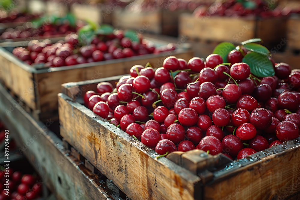 The harvested cherries are neatly packed in wooden boxes on the sorting line, ready for distribution at a bustling orchard during the peak of the harvest season The harvested cherries are neatly packed in wooden boxes on the sorting line, ready for distribution at a bustling orchard during the peak of the harvest season