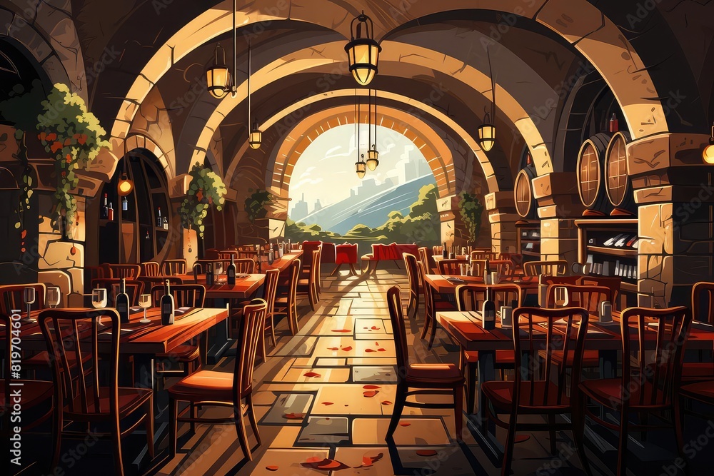 Fototapeta premium Wine Cellar background flat design front view rustic vineyard theme animation Complementary Color Scheme