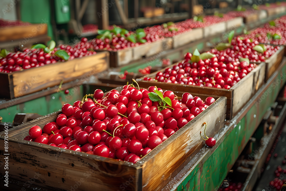 The harvested cherries are neatly packed in wooden boxes on the sorting line, ready for distribution at a bustling orchard during the peak of the harvest season The harvested cherries are neatly packed in wooden boxes on the sorting line, ready for distribution at a bustling orchard during the peak of the harvest season