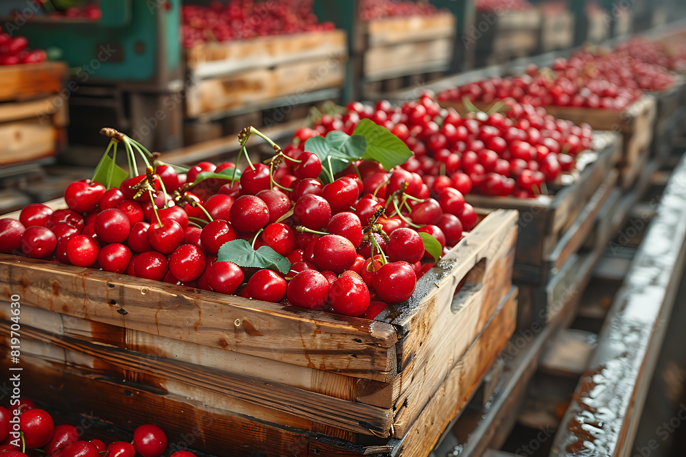 The harvested cherries are neatly packed in wooden boxes on the sorting line, ready for distribution at a bustling orchard during the peak of the harvest season The harvested cherries are neatly packed in wooden boxes on the sorting line, ready for distribution at a bustling orchard during the peak of the harvest season