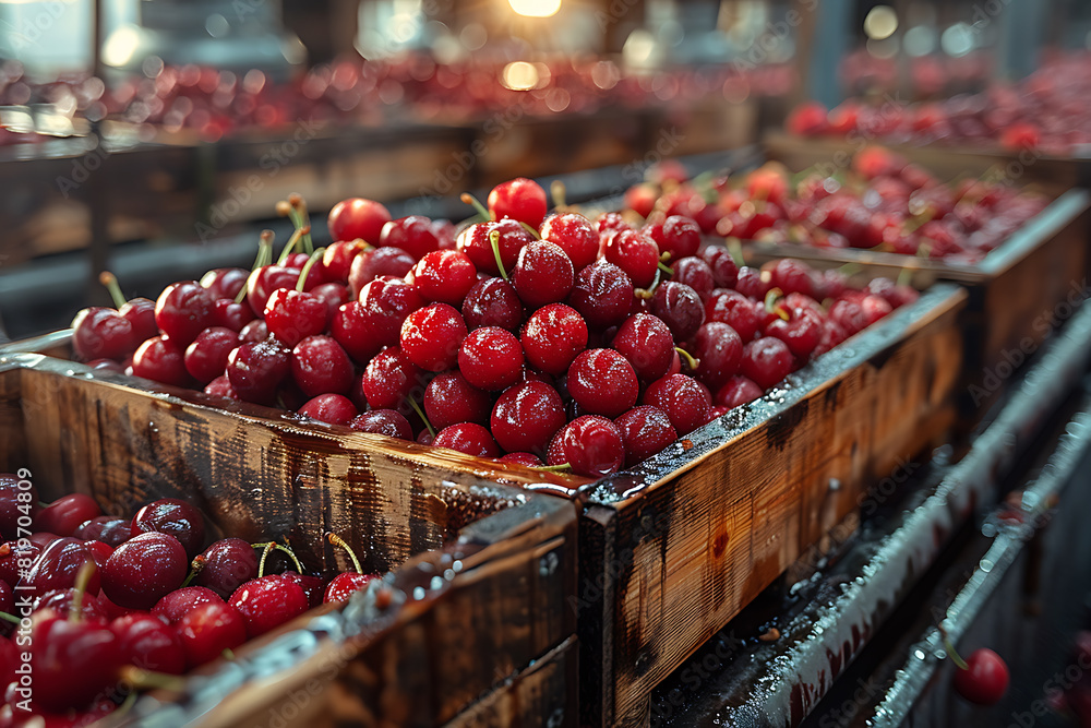 The harvested cherries are neatly packed in wooden boxes on the sorting line, ready for distribution at a bustling orchard during the peak of the harvest season The harvested cherries are neatly packed in wooden boxes on the sorting line, ready for distribution at a bustling orchard during the peak of the harvest season