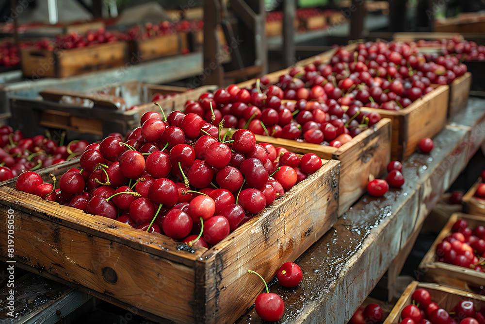 The harvested cherries are neatly packed in wooden boxes on the sorting line, ready for distribution at a bustling orchard during the peak of the harvest season The harvested cherries are neatly packed in wooden boxes on the sorting line, ready for distribution at a bustling orchard during the peak of the harvest season
