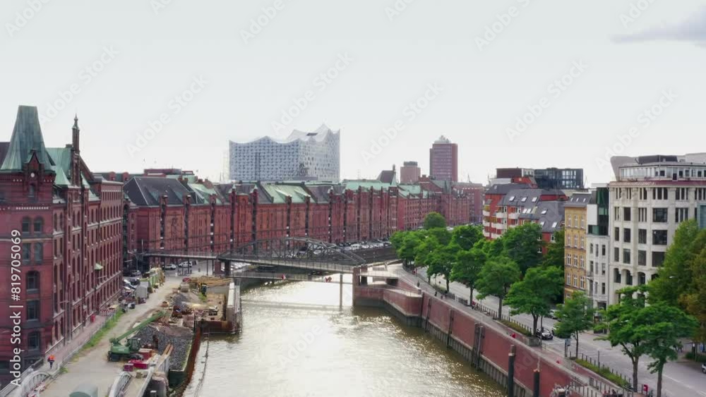 Flight through the Warehouse district in Hamburg Germany called Speicherstadt - aerial view Flight through the Warehouse district in Hamburg Germany called Speicherstadt - aerial view