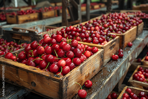 The harvested cherries are neatly packed in wooden boxes on the sorting line, ready for distribution at a bustling orchard during the peak of the harvest season