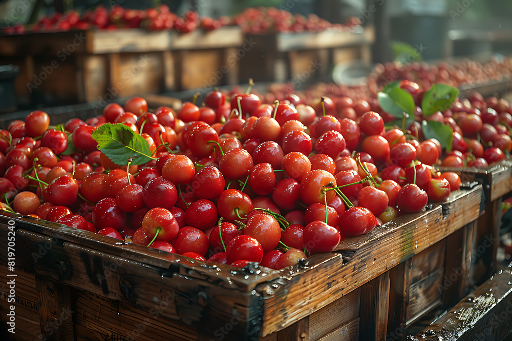 The harvested cherries are neatly packed in wooden boxes on the sorting line, ready for distribution at a bustling orchard during the peak of the harvest season The harvested cherries are neatly packed in wooden boxes on the sorting line, ready for distribution at a bustling orchard during the peak of the harvest season