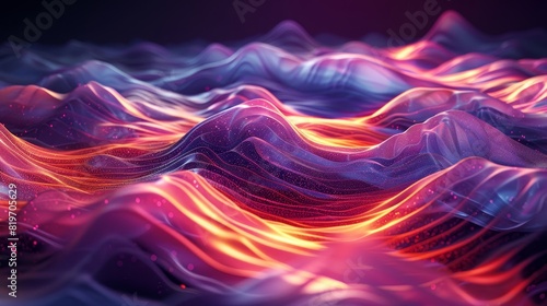 Abstract glowing waves of vibrant pink and purple hues, creating a surreal and futuristic landscape with dynamic light effects. photo