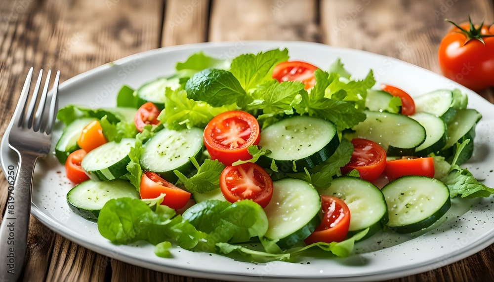 Simple healthy salad with leaf, tomato and cucumber in a plate on a wooden table.
Simple healthy salad with leaf, tomato and cucumber in a plate on a wooden table.