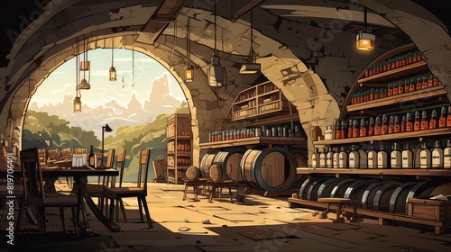 Wine Cellar background flat design side view vintage collectors paradise theme 3D render vivid photo