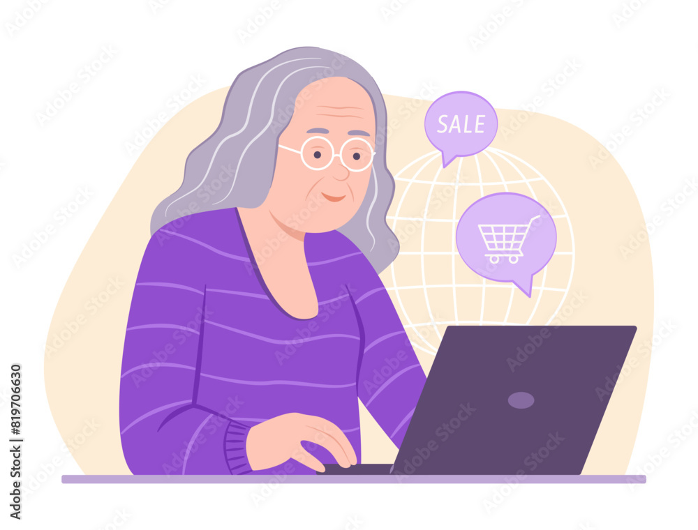 Elderly Woman Doing Online Shopping on Laptop for E-Commerce Concept Illustration Elderly Woman Doing Online Shopping on Laptop for E-Commerce Concept Illustration
