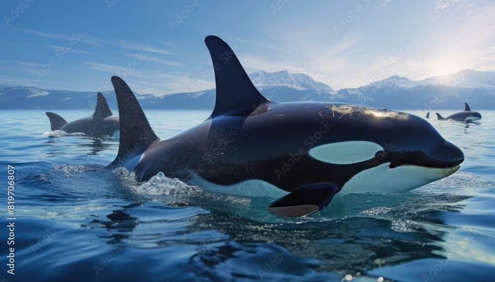 Groups of Orcas or killer whales swim and hunt for prey, the top of the food chain in a sea of ice floes Groups of Orcas or killer whales swim and hunt for prey, the top of the food chain in a sea of ice floes