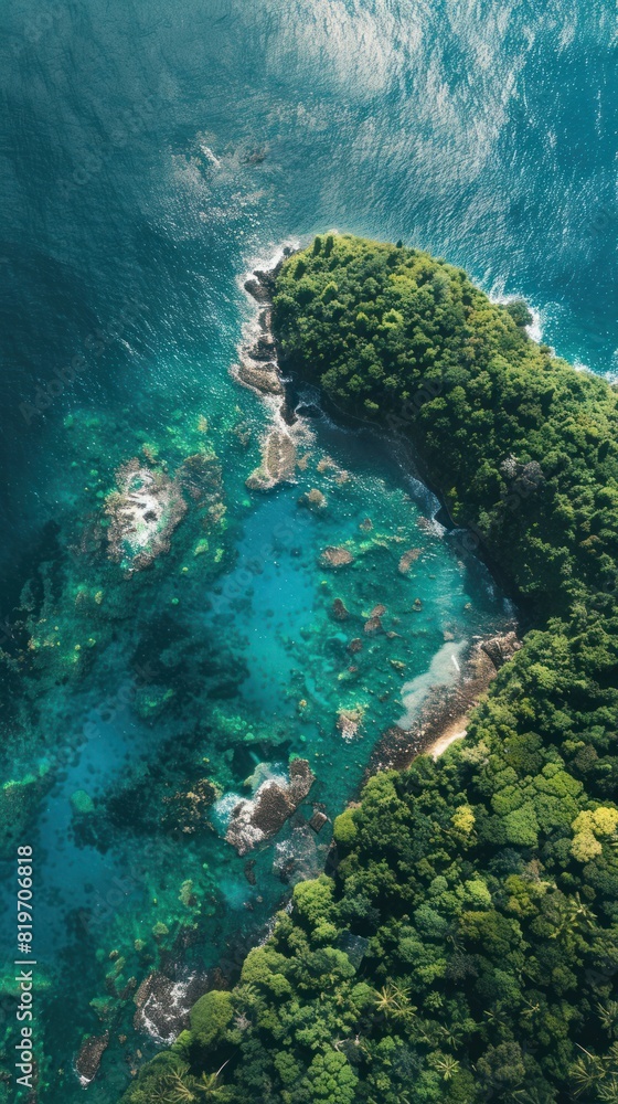 Aerial View of Pristine Tropical Waters - Stunning overhead shot of vibrant blue-green tropical waters meeting lush green foliage. Perfect for travel and nature themes. Aerial View of Pristine Tropical Waters - Stunning overhead shot of vibrant blue-green tropical waters meeting lush green foliage. Perfect for travel and nature themes.