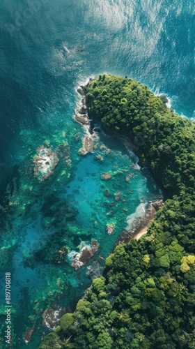 Aerial View of Pristine Tropical Waters - Stunning overhead shot of vibrant blue-green tropical waters meeting lush green foliage. Perfect for travel and nature themes.