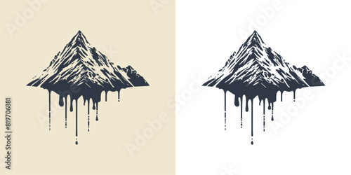 Flat vector logo with mountains and drops dripping from them, minimal graphics. Vector image with Himalayan mountains with drops of honey and water dripping from them . Vector style, clean design, thi