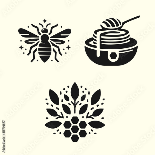 Set of illustrations for packaging or postcard design of honey or other pesto products.  Flat vector logo with honeycomb, leaves, bee, stars, plate with pancakes and honey, oladki and honey spoon.