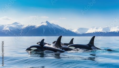 Groups of Orcas or killer whales swim and hunt for prey, the top of the food chain in a sea of ​​ice floes