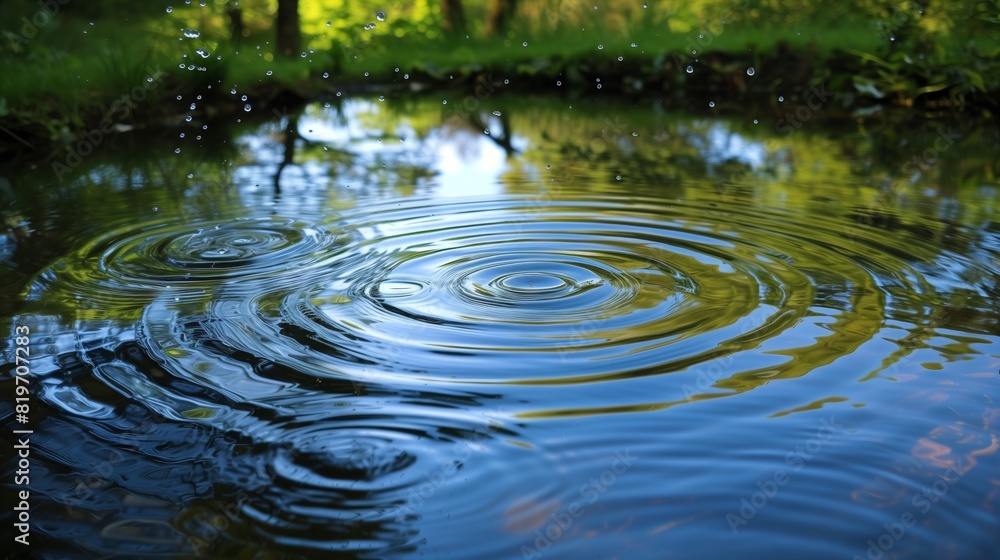 Ripples and reflections create a serene ambiance on a pond's surface. Ripples and reflections create a serene ambiance on a pond's surface.