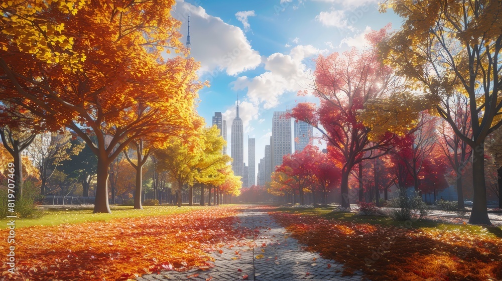 Autumn cityscape with colorful trees in a park and skyscrapers in the background, showcasing a beautiful blend of nature and urban elements.