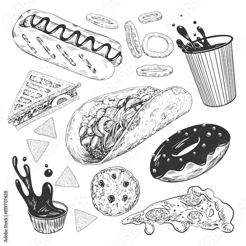 Set of street food. Sketch style taco, nachos, sandwich, coffee, hot dog, pizza, donut, fried onion rings. Mexican cuisine. Hand drawn collection of fast food isolated in white background