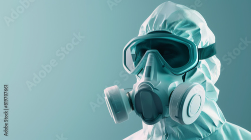 A realistic portrayal of a hazmat suit and respirator against a teal background, emphasizing safety and protection.