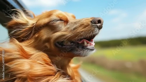 Golden retriever enjoys breeze from car window photo