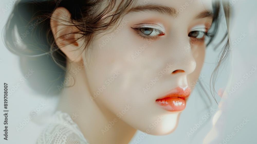 Close-up portrait of a woman with natural makeup, light eyes, and soft lighting, creating an ethereal and serene look. Close-up portrait of a woman with natural makeup, light eyes, and soft lighting, creating an ethereal and serene look.