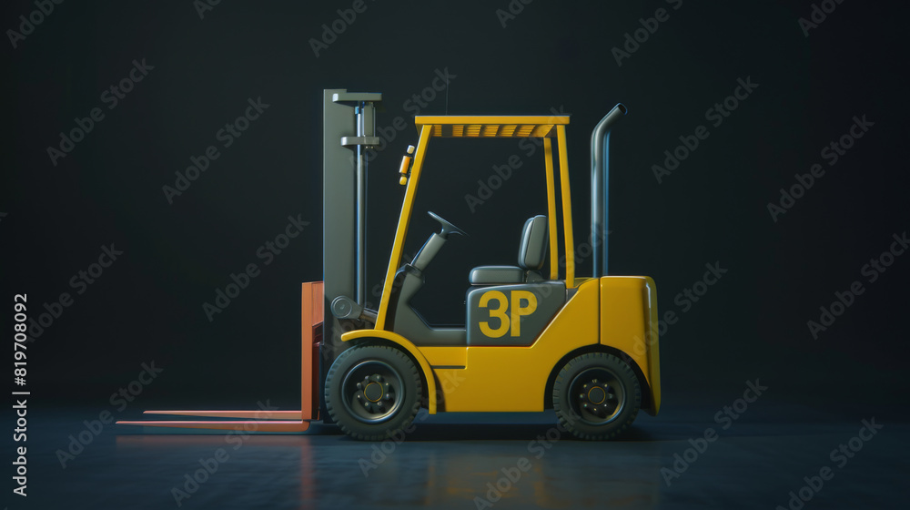 Naklejka premium A 3D-rendered image showing a yellow forklift in a dark warehouse, highlighted with glowing orange outlines, suggesting readiness for operation.