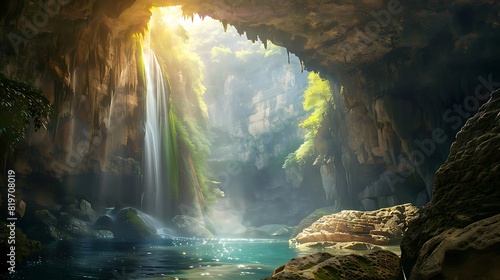 A remote waterfall hidden deep within a canyon, with sunlight peeking through the cliffs.