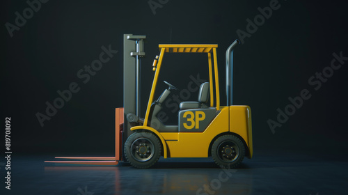A 3D-rendered image showing a yellow forklift in a dark warehouse, highlighted with glowing orange outlines, suggesting readiness for operation.