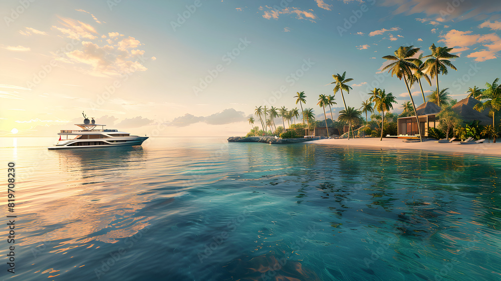 Exclusive and Secluded Yachting Destination: Pristine Beach with Luxury Yacht Moored Offshore