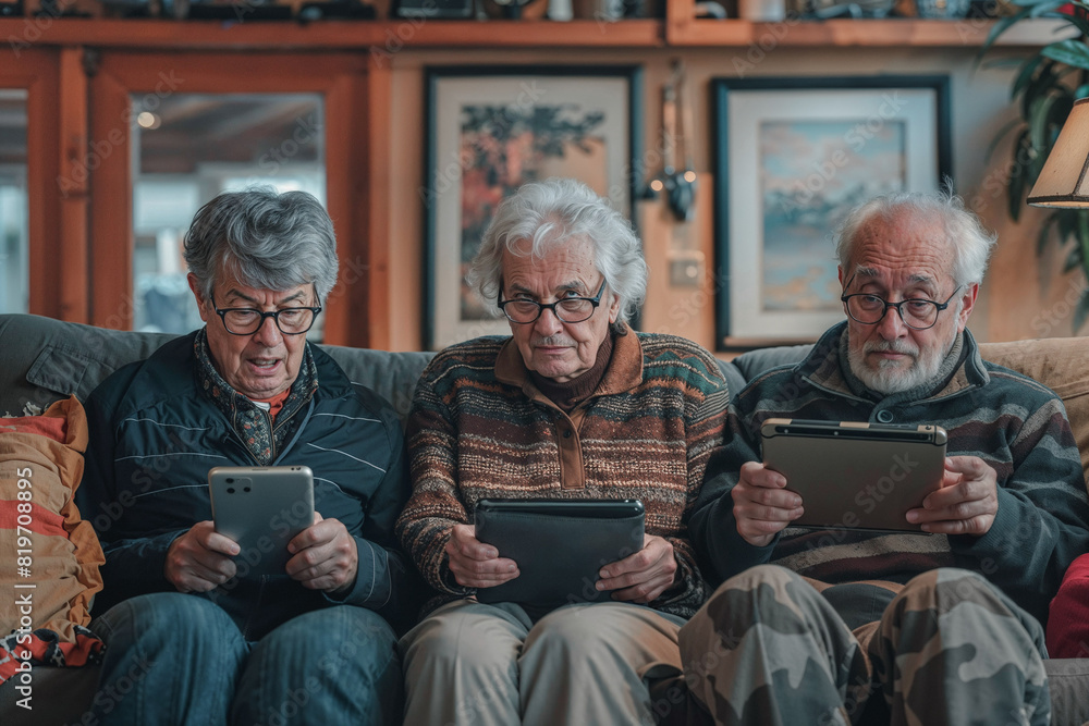 Three older men are sitting on a couch and using tablets. They are all wearing glasses and seem to be enjoying themselves Three older men are sitting on a couch and using tablets. They are all wearing glasses and seem to be enjoying themselves
