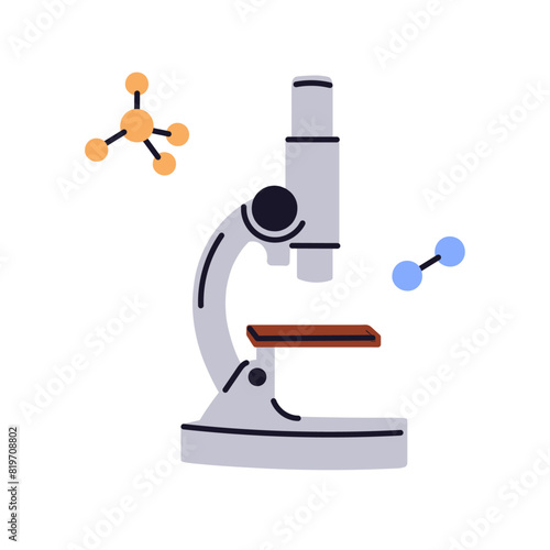 Microscope, science equipment technology, chemistry science study, chemical lab research, laboratory experiment, doctor scientist medical laboratory analyzing on background flat vector illustration.