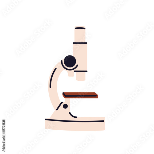 Microscope, science equipment technology, chemistry science study, chemical lab research, laboratory experiment, doctor scientist medical laboratory analyzing on background flat vector illustration.