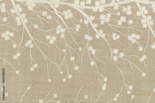 embroidered floral nouveau luxury fabric texture background close up, detailed light neutral color woven bridal linen backdrop, furniture cloth textile material, modern cotton clothing weave pattern