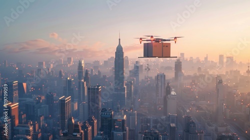 Drone delivering packages flying above a modern city skyline during sunset, showcasing futuristic urban delivery logistics and technology.