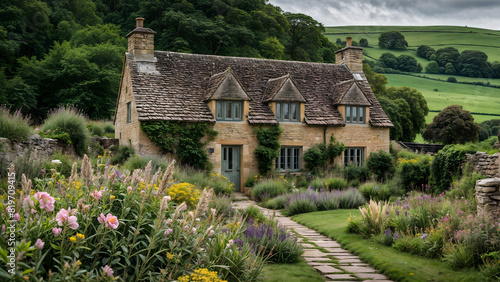 A stone cottage with a tiled roof sits in a field of green. The cottage has two chimneys and a green door. A stone walkway leads up to the cottage. The surrounding area is covered in flowers and green