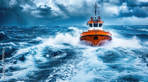 Orange rescue or coast guard patrol boat, an industrial vessel, navigating the blue sea ocean water during a rescue operation in stormy sea conditions 