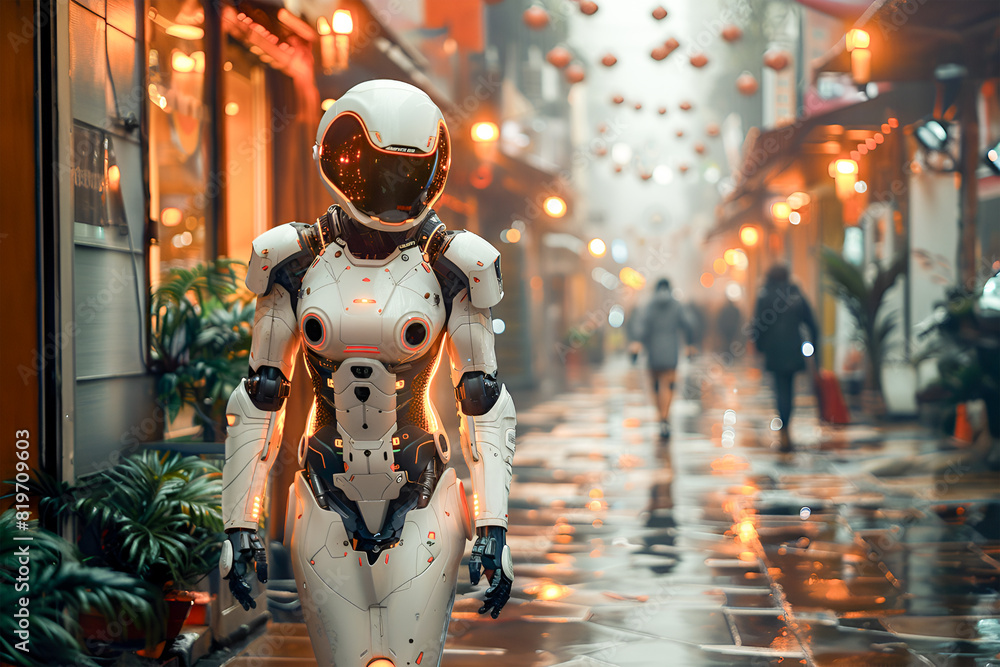 The robot is walking down the street The robot is walking down the street