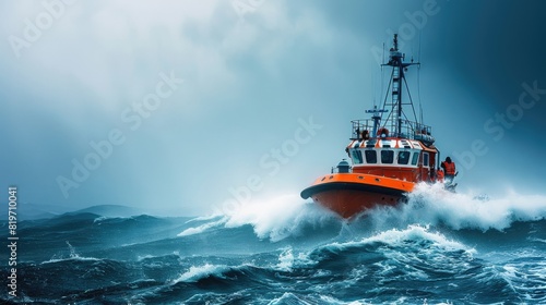 Orange rescue or coast guard patrol boat, an industrial vessel, navigating the blue sea ocean water during a rescue operation in stormy sea conditions 