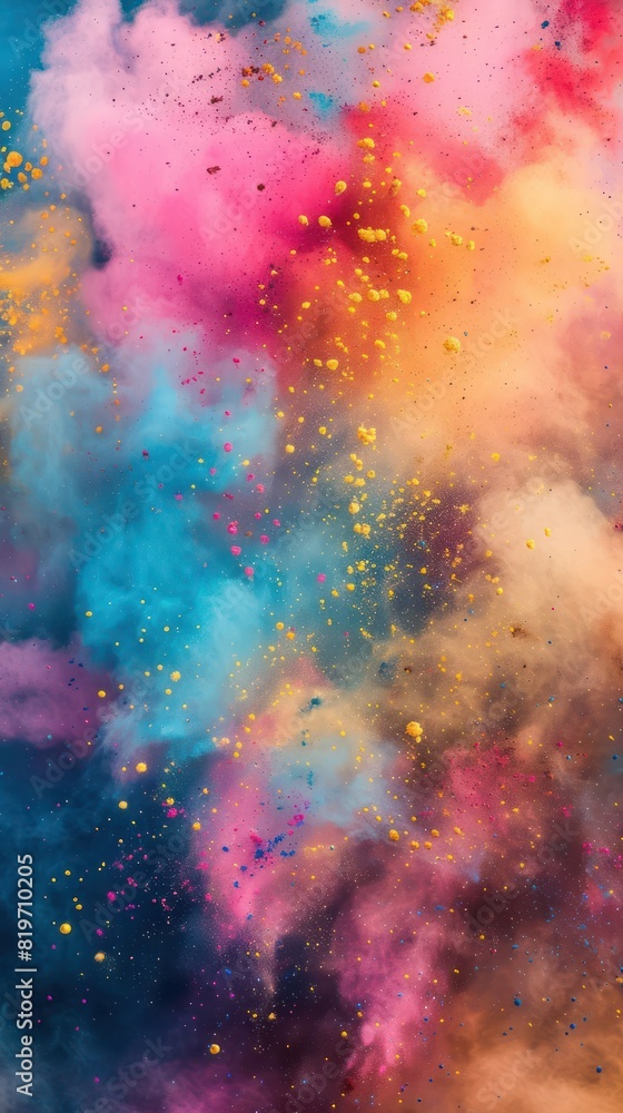 Smiling faces surrounded by clouds of colorful powder, capturing the essence of joy and celebration against a radiant background.