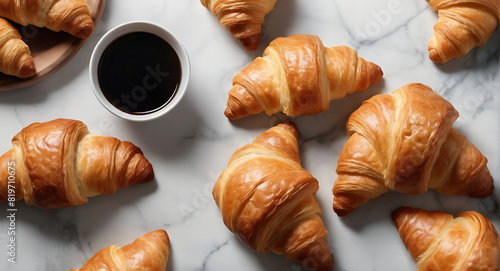Top view shot of Fresh croissants on a trendy marble table, close up, French breakfast concept
 photo
