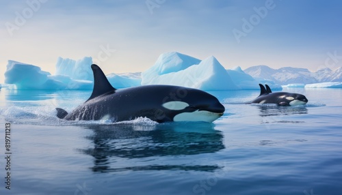 Groups of Orcas or killer whales swim and hunt for prey  the top of the food chain in a sea of       ice floes