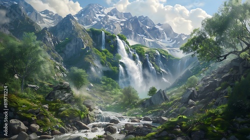 A serene mountain landscape with a pristine waterfall cascading down a rocky slope. © Ansar